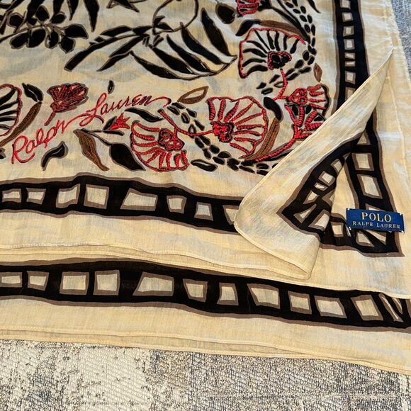 Polo Lauren Ralph Scarf Floral Silk Embroidered Logo Square 51"x 51" Vtg Rare - Picture 4 of 7